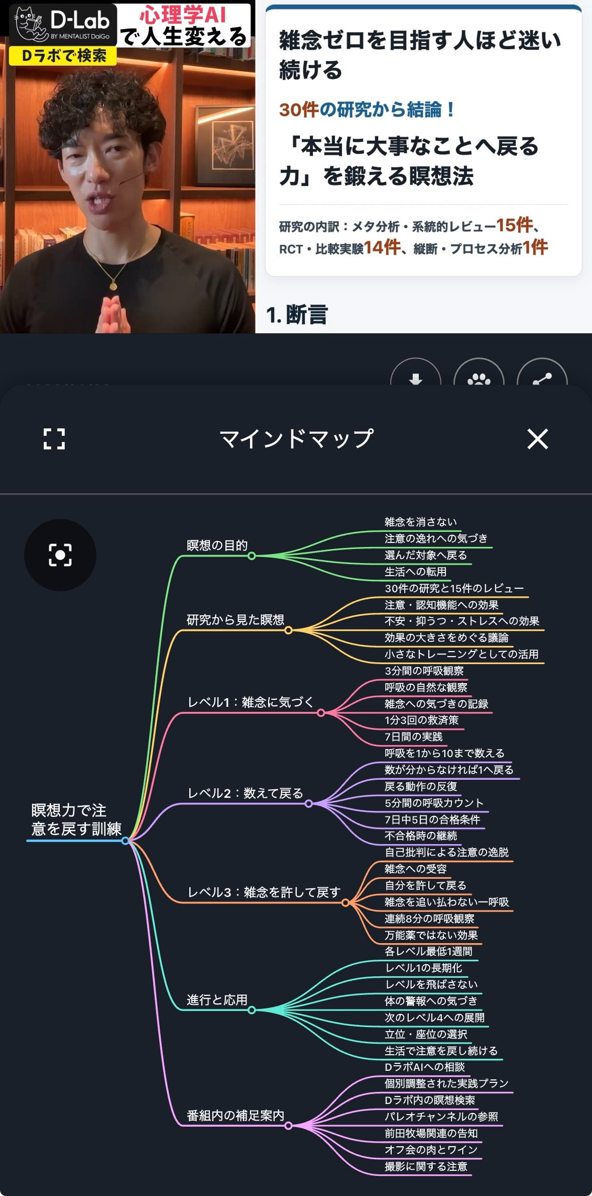 AIマインドマップの画面。動画の内容をノードツリーで表示